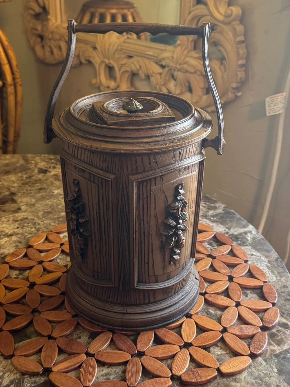 Vintage Faux Bois Floral Ice Bucket 3 Qt MCM Barware